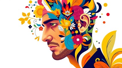 Naklejka premium Surreal abstract illustration of a male profile with seasonal floral and geometric patterns