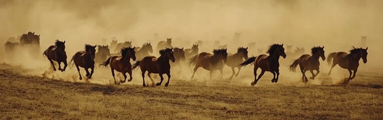 Fototapeta premium A herd of majestic wild horses races across a vast open field, their powerful hooves kicking up clouds of dust as they move. The golden hour light enhances the dramatic scene
