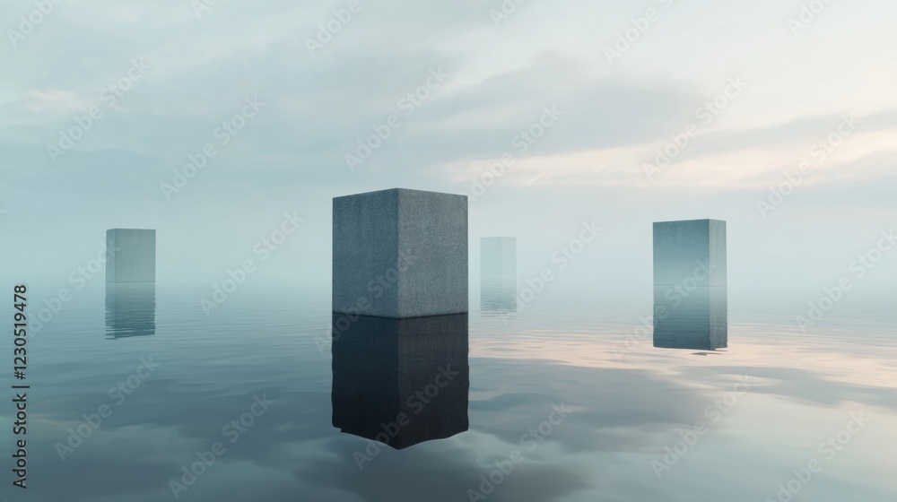 Aufkleber group of three tall, rectangular structures standing in the middle of a body of water.