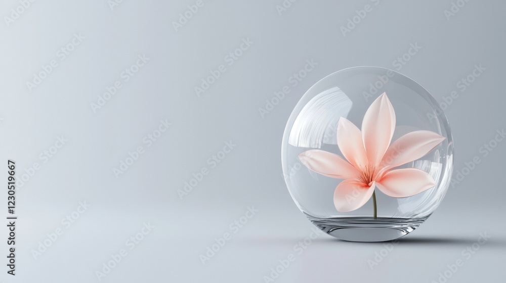 Poster 3d rendering of a glass sphere with a single pink flower inside. the sphere is round and transparent