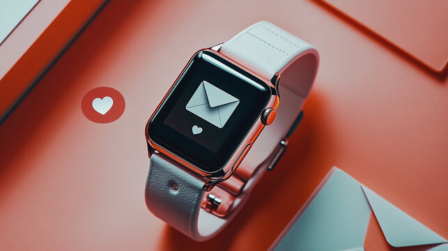 A modern smartwatch with a white strap displaying a heart message notification on its screen, placed on a red geometric background, symbolizing social media, digital communication, and connectivity.