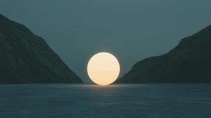 Naklejka premium Large, round, orange-colored object in the center of the image, which appears to be a sun or a moon. it is surrounded by two large, dark mountains on either side.