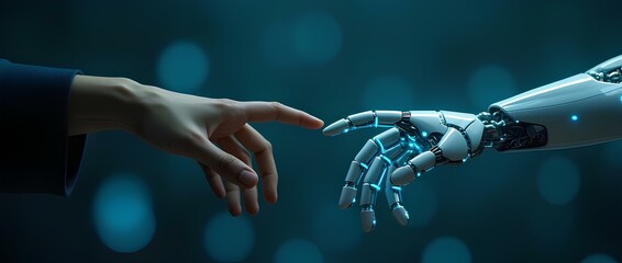 White cyborg finger about to touch human finger 3D rendering hand of the person and bot, artificial intelligence Ai technology robotic automation with digital mechanical arm power, blue background