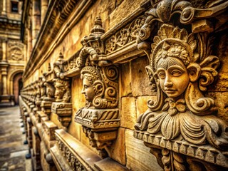 Fototapeta premium Vintage Photo: Ornate Stone Carvings on Ancient Castle Walls