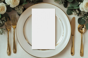 Elegant dining table setting with gold cutlery, white plate, and blank menu card for wedding, luxury dinner, fine dining, gourmet experience, and sophisticated restaurant decor inspiration