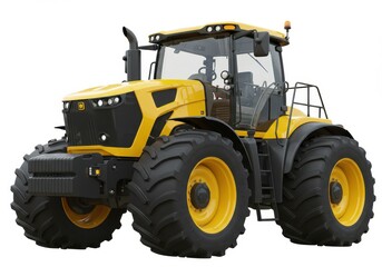 Obraz premium A large modern yellow and black tractor with rugged tires and a detailed cabin isolated on a white background
