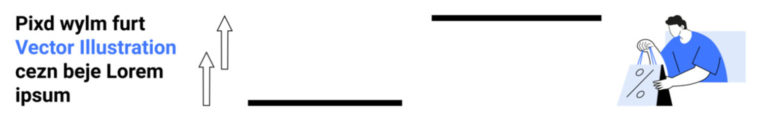Person analyzing data visualizations on a workbench. Arrows and text elements indicating growth. Ideal for business strategies, data analysis, project management, market trends, performance tracking