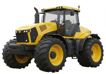 Fototapeta premium A large modern yellow and black tractor with rugged tires and a detailed cabin isolated on a white background