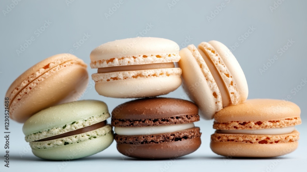 Poster a stylish stack of assorted macarons in various colors and flavors, elegantly displayed against a so