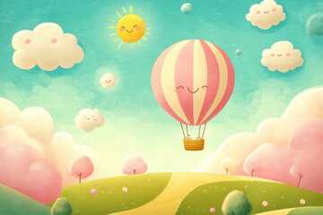 Happy Hot Air Balloon Soaring Over Pastel Hills