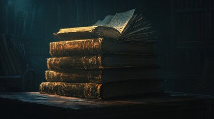 Ancient Books Resting On A Dark Wooden Table