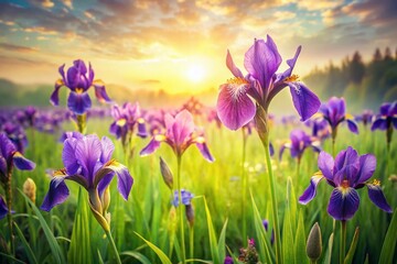 Fototapeta premium Vintage Purple Irises Blooming in Wildflower Meadow, Rustic Field Photography
