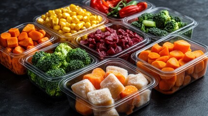 This image showcases a vibrant array of fresh and frozen vegetables arranged in clear containers, highlighting their rich colors and healthy appeal for various dishes.