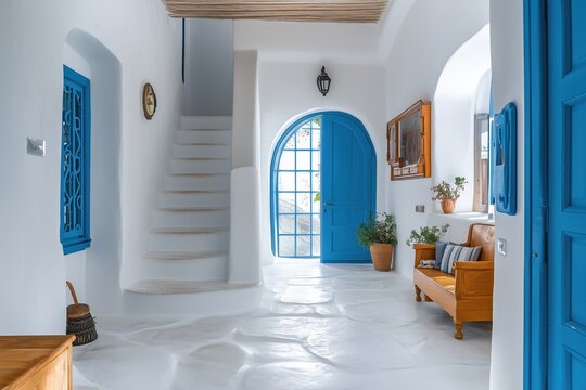 A bright and airy Mediterranean interior design style of a home featuring white walls and a blue door. The space includes a staircase, wooden furniture, and potted plants.