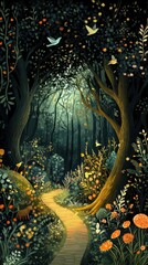 Obraz premium Enchanted Forest Path With Birds And Flowers