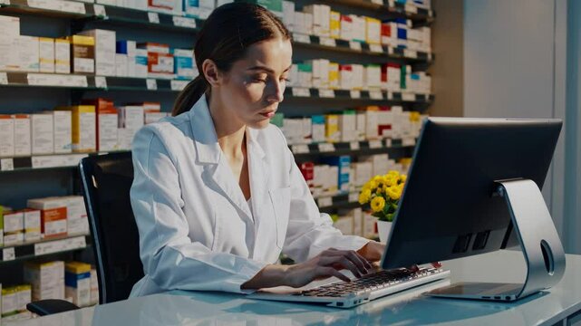 Medical records flow through digital terminal at modern drugstore. Professional woman in lab coat processes patient prescriptions while seated at organized workstation.