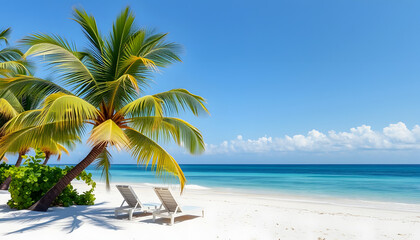 Palm and tropical beach. Chairs on the sandy beach near the sea. Summer holiday, vacation and travel , with white tonespng