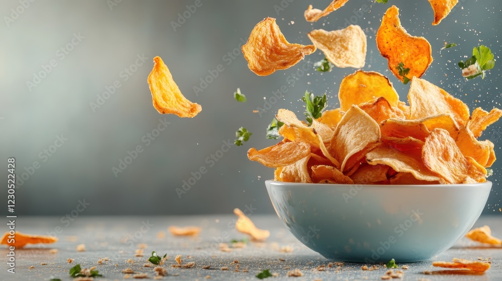 Poster this dynamic image captures an exciting view of dried chips leaping out from a bowl, highlighting th