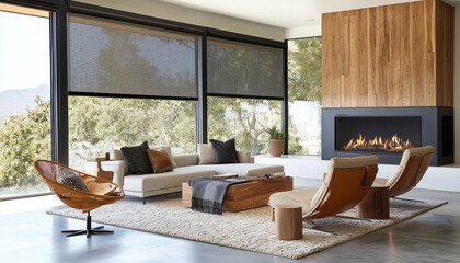 Contemporary roller blinds d within a modern home, paired with solar shades and wooden decor panels