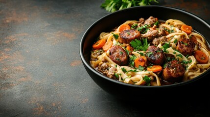 A flavorful plate of pasta featuring meatballs and brightly colored carrots, showcasing a tempting fusion of textures perfect for family meals and gatherings.