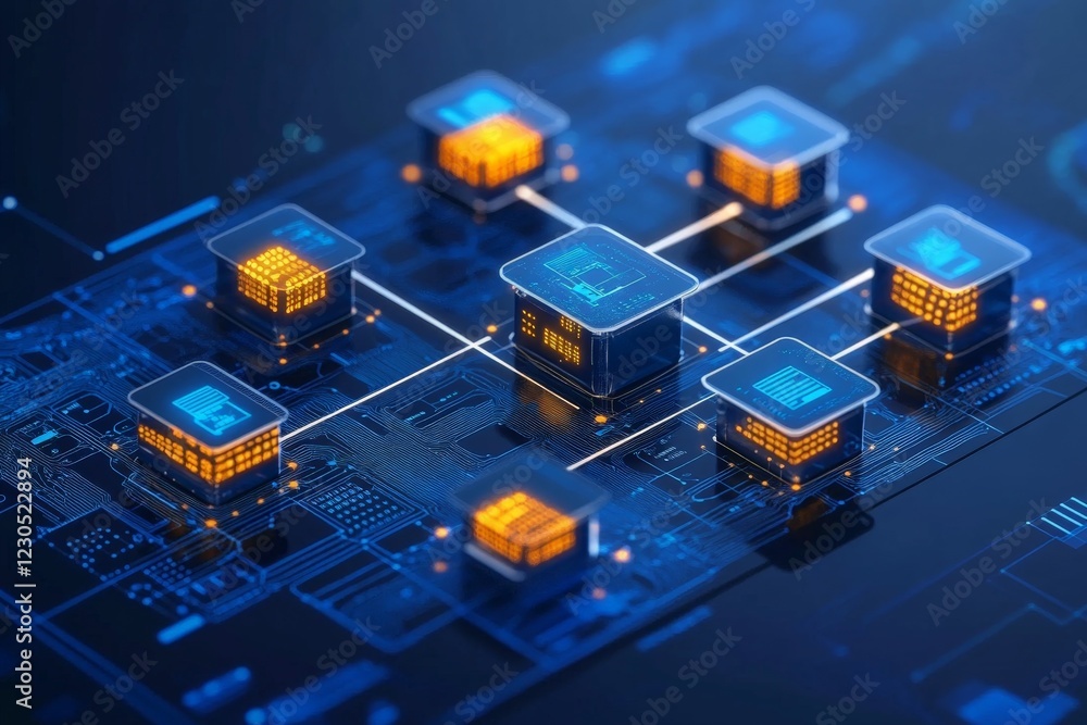 Fototapete Digital network of processors illustrating advanced technology in a vibrant blue color palette and glowing elements