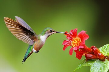 In a lush garden, a hummingbird hovers mid-air, sipping nectar from a bright red flower. Its wings blur in motion, showcasing the beauty and agility of this remarkable bird amidst greenery