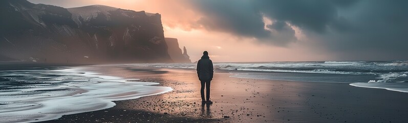 Fototapeta premium a lonely man standing at sunset beach, peaceful nature landscape 