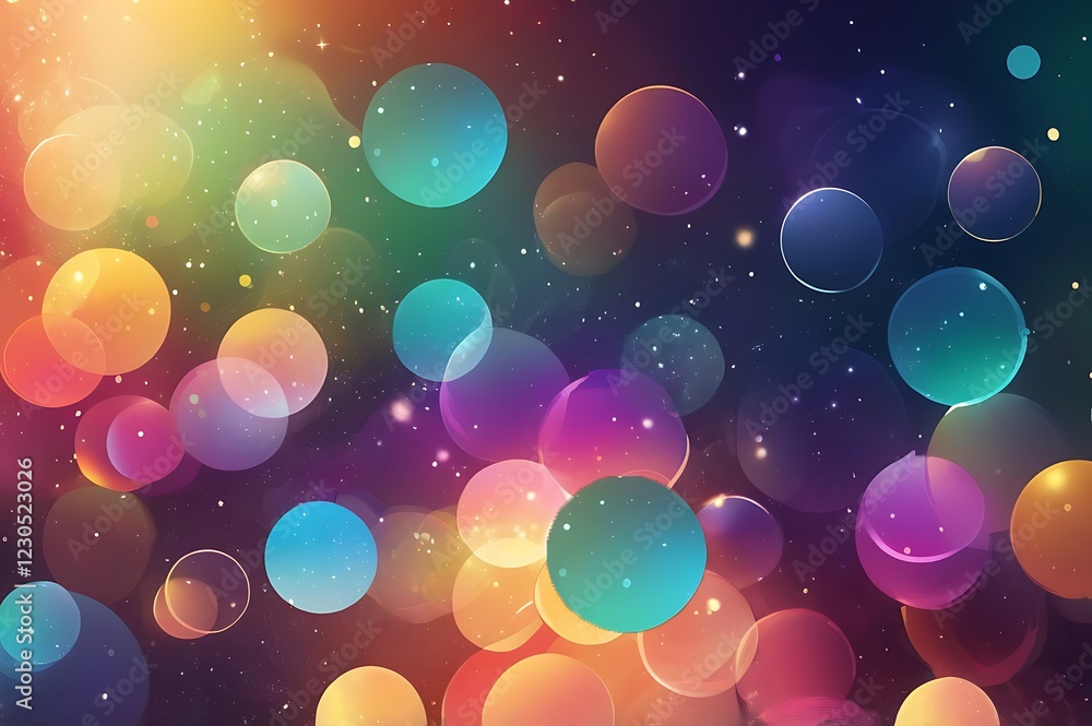 Poster a beautiful rainbow bokeh effect background with sparkling light circles in different sizes