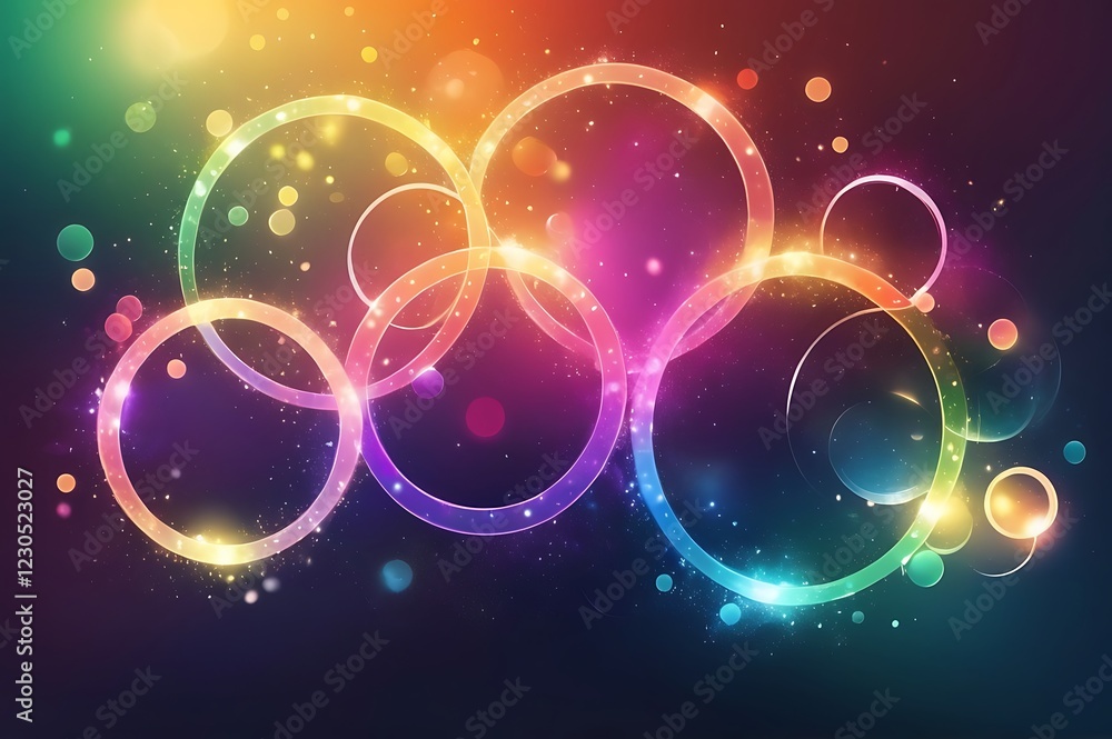 Poster a beautiful rainbow bokeh effect background with sparkling light circles in different sizes