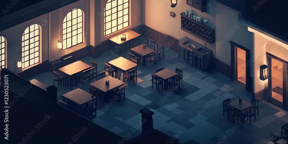 Poster a restaurant with a lot of tables and chairs. the tables are empty and the chairs are lined up