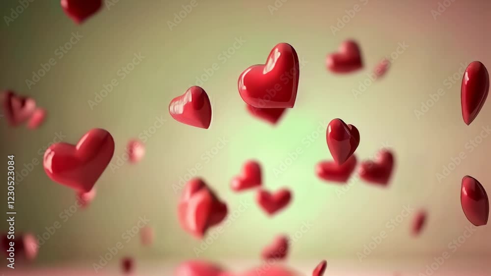 Aufkleber Abstract liquid hearts made from red paint float in zero gravity with a background changing from pink to green
