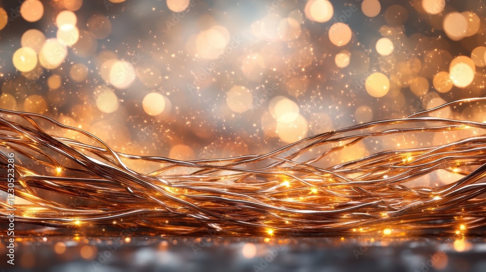 Poster this artful representation features a fluid arrangement of copper wire amidst a dazzling bokeh backd