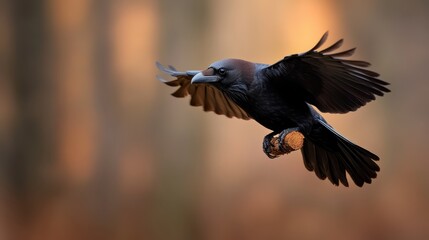 Fototapeta premium An elegant raven captured mid-flight, showcasing its sleek feathers and powerful wings against a softly blurred background, evoking a sense of motion and freedom.
