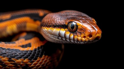 Fototapeta premium A detailed close-up image of a brown and orange snake, showcasing the stunning scale patterns and features, highlighting the beauty and uniqueness of reptiles in nature.