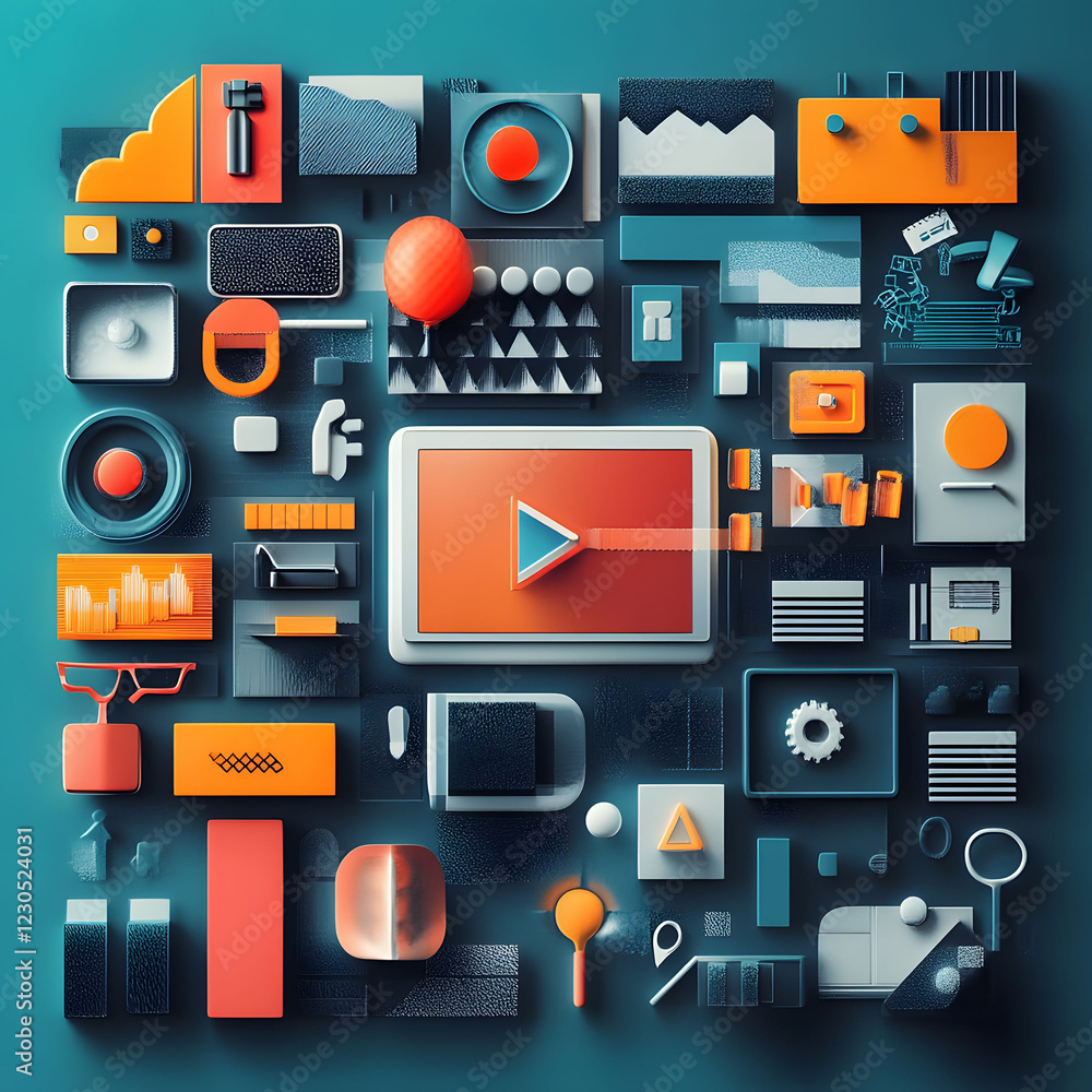 Poster a graphic design featuring various digital tools and icons arranged in an organized layout, such as 