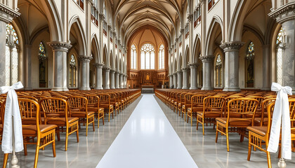 Church Cathedral wedding interior with rows of elegant chairs , with white tonespng