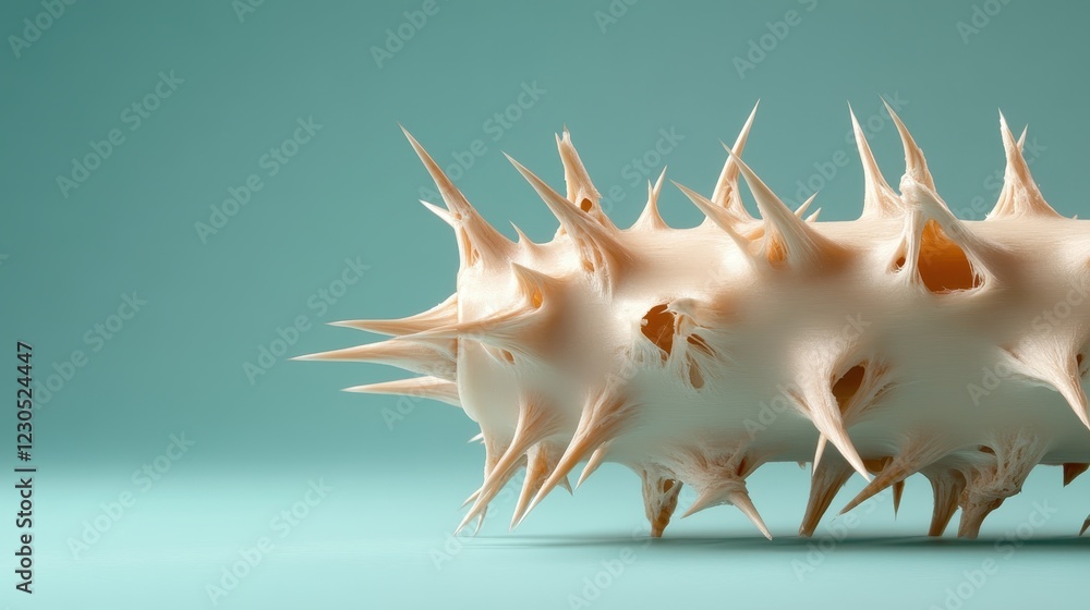 Poster this abstract composition features an intriguing spiky object set against a soothing teal background
