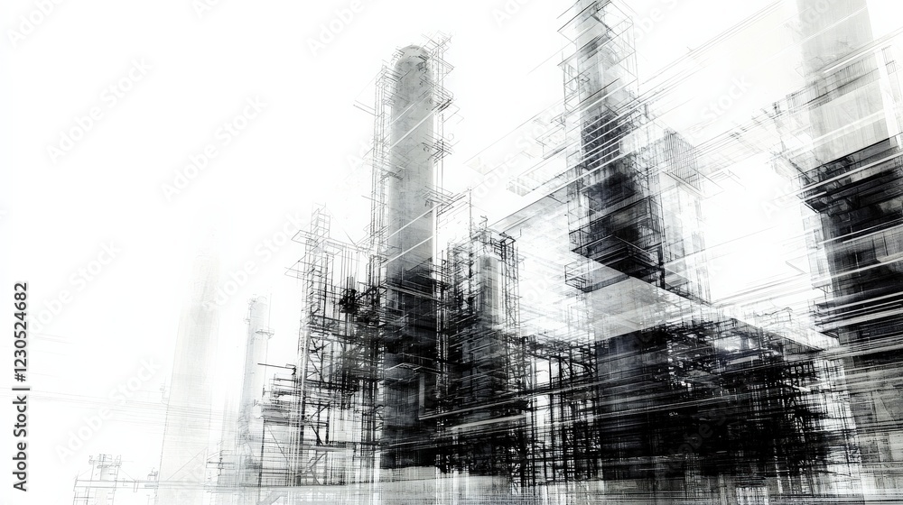 Poster abstract representation of an industrial complex with blurred lines and structures, suggesting motio