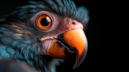 Fototapeta premium A mesmerizing close-up of a parrot, capturing its vivid colors and intricate feather details, drawing attention to its expressive features and beautiful plumage against a dark backdrop.