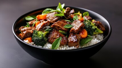 Fototapeta premium This vibrant dish features tender beef stir-fried with fresh broccoli, carrots, and a delicious sauce, served over a bed of steaming white rice in a black bowl.