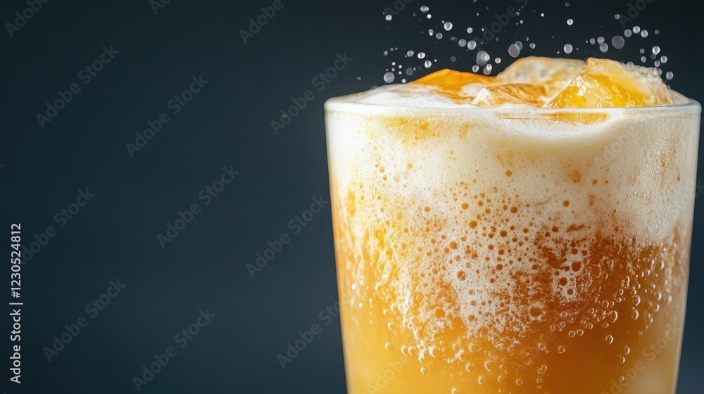 Poster a close-up image of a fizzy beverage filled with ice, showcasing the bubbles and energetic splashes,