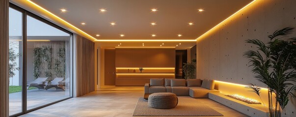 Decorative recessed lights illuminating a sleek ceiling design, adding elegance to a modern space
