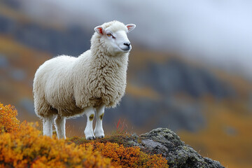 Fototapeta premium A lone sheep stands on a rocky autumnal hill