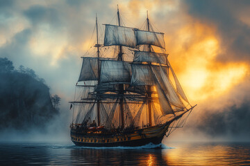 Obraz premium Majestic sailing ship at sunrise in misty waters