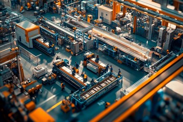 Fototapeta premium Workers efficiently operating machinery in a vibrant manufacturing facility during daytime