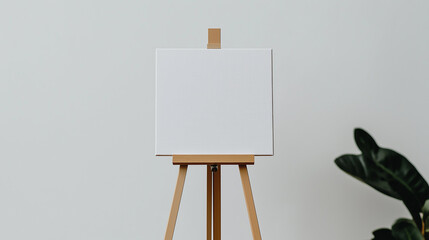 Blank white canvas on wooden easel in minimalist room with green plant, creative workspace for painting, art inspiration, modern interior, empty space, and artistic expression