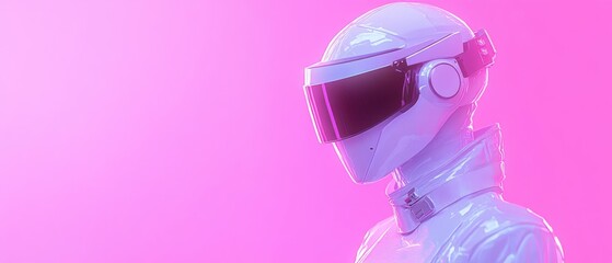 Futuristic white mannequin wearing a helmet with visor on a pink background Concept of science fiction, technology, and space exploration