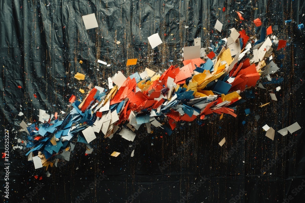 Poster colorful abstract art created by exploding paper pieces in a dynamic motion captures the viewer's at