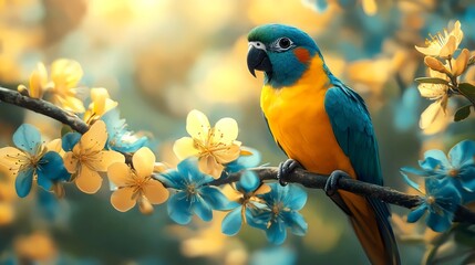 A colorful parrot is perched on a branch of a tree with yellow and blue flowers