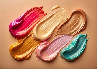 Vintage Style Glowing Liquid Makeup Swatches on Beige Background - Stock Photo
